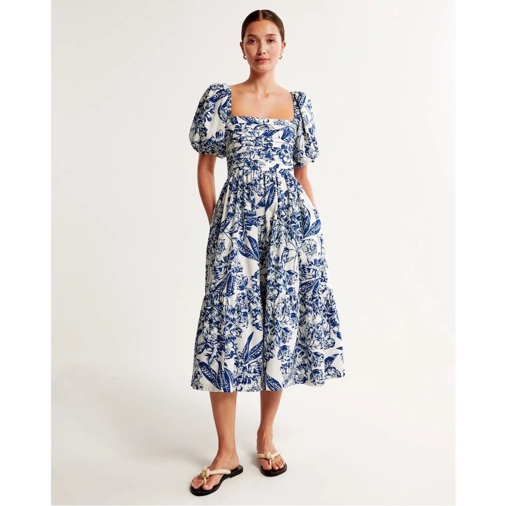 Abercrombie & Fitch Blue and White Floral Puff-Sleeve Midi Dress